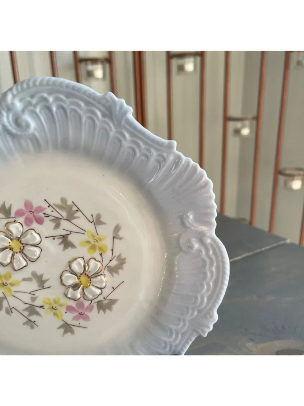 Vintage Decorative Porcelain Plate Blue Floral Center Scalloped Molded Edges